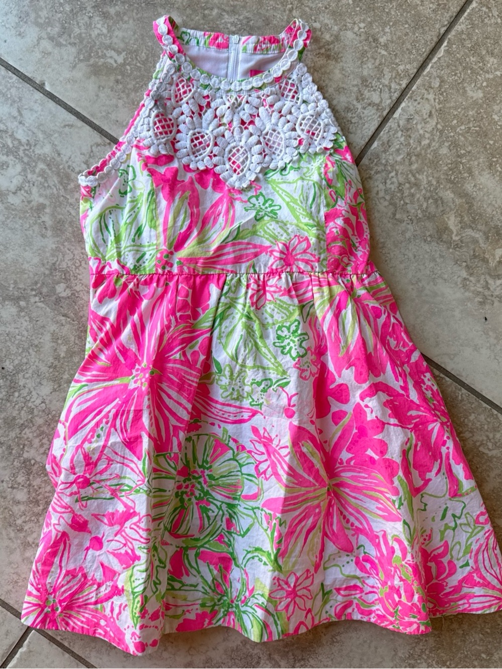Lilly Pulitzer Girls Pink White & Green Floral Crochet Halter Dress